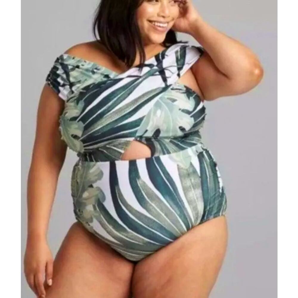 Swim By Cacique Womens Crossover One Piece Wrap Peephole Palm Print Swimsuit NWT